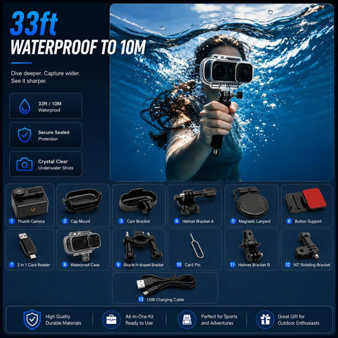 Diver holding 4K Mini Wearable Body Camera With 64GB Magnetic Thumb Size Action Cam 6 Axis Stabilization underwater.