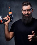 Man holding a drill showing 36 Piece Torx Bit Set With Tamper Resistant Security Star Bits T5 Through T40 In S2 Steel.