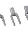 Three tools from Five Piece Pickle Fork Tool Set For Auto Repair With Ball Joint Separator And Tie Rod Removal Kit on white background.