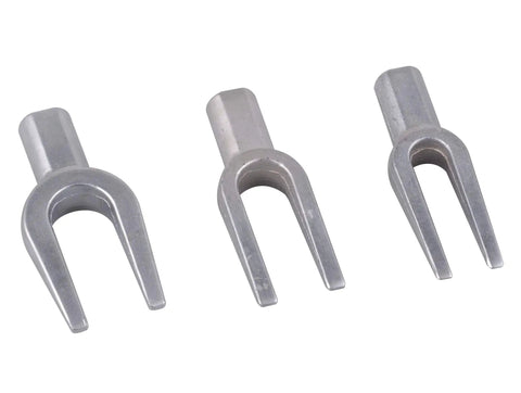 Three tools from Five Piece Pickle Fork Tool Set For Auto Repair With Ball Joint Separator And Tie Rod Removal Kit on white background.