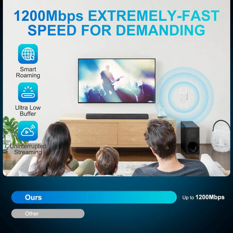 Family watching TV using WiFi Extender Signal Booster for Home, Dual Band 2.4GHz and 5.8GHz, Covers Up to 10200 Sq Ft, 1200 Mbps