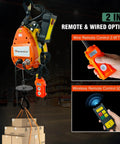 1100 Lbs Electric Hoist Winch with wired and wireless remote controls for heavy lifting and material handling.