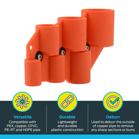 Depth Gauge And Pipe Deburring Tool For Copper PEX CPVC PE RT HDPE Pipes No Fuss Deburring, Marks Insertion Depth And Keeps Fittings Clean, 1/4 To 1 Inch Insertion Depth U702A Compatible displayed with icons for versatility, durability, and deburring features.