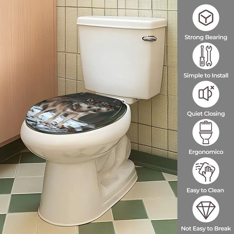 Toilet Seat Round Resin for Bathroom in a bathroom setting, featuring a wolf design and installed on a standard toilet.