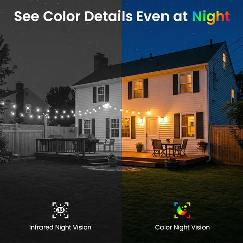 Outdoor Solar And Battery Powered Security Camera System With 2K Video showcasing infrared and color night vision on a house.