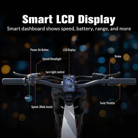 Smart LCD display on T300 Electric Bike For Adults And Teens With 2000W Peak Motor 48V 23Ah Battery 31 MPH Top Speed