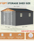 Big Beefy 10x12x7.4Ft Outdoor Storage Shed With Lockable Doors, Windows And Vents in matte gray, dimensions displayed