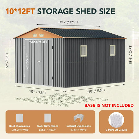 Big Beefy 10x12x7.4Ft Outdoor Storage Shed With Lockable Doors, Windows And Vents in matte gray, dimensions displayed