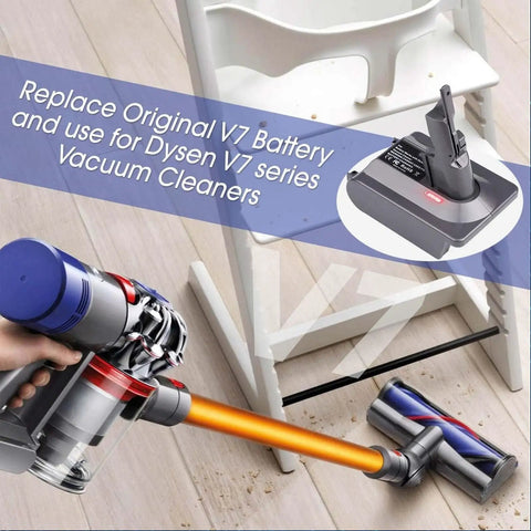 TPDL 20V DeWalt To V7 Battery Adapter Converter For V7 Series Cordless Vacuums Handhelds beside a Dyson V7 vacuum on floor