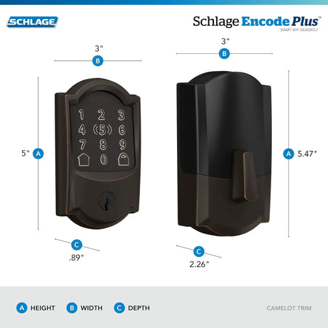 Rock Solid Keyless Entry Deadbolt With Built-In Wi-Fi Right For Your Front Door Hassle-Free Install and App Control Plays Nice With Alexa and Apple HomeKit Lets You Pop Open Via Apple Watch Top Shelf Aged Bronze Finish Pack of Four, side and front view with dimensions shown.