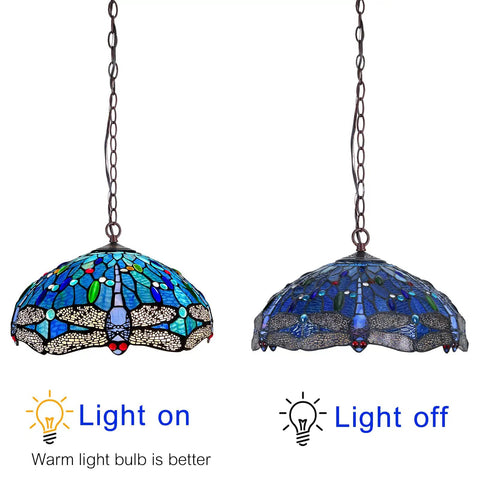 Antique Blue Dragonfly Tiffany Style 2-Light Stained Glass Pendant Light 16 Inch Wide Hanging Lamp With Adjustable 60 Inch Chain