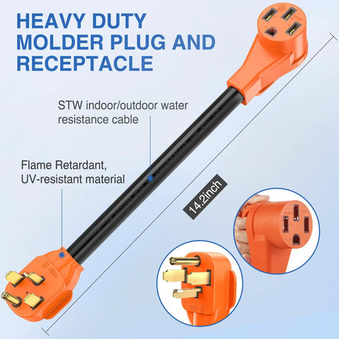 Heavy Duty EV Charge Adapter 30 To 50 Amp 10 Gauge NEMA 14 30P To 14 50R Converter showing orange molder plug and receptacle.