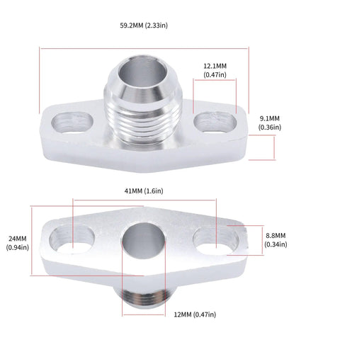 AN10 Turbo Oil Return Drain Flange Adapter Kit For Garrett GT28 GT30 GT35 T25 Turbos Billet Aluminum dimensions view