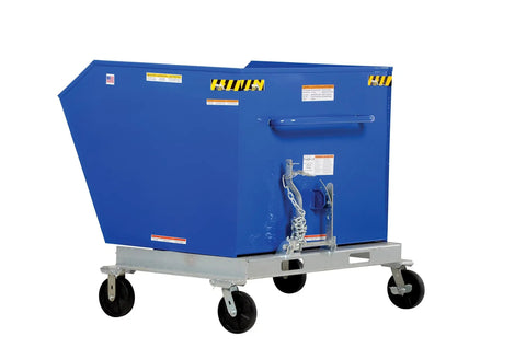 Built Tough Steel Tilting Hopper Forklift Skips Debris And Trash Two Thousand Pound Load Capacity One Point Five Cubic Yards, blue steel skip.