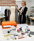 Portable Handheld Sewing Machine Kit For Beginners And Adults With Orange Leather Case 112 Piece Sewing Kit USB Powered Mini Sewing Tool