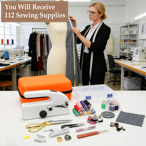 Portable Handheld Sewing Machine Kit For Beginners And Adults With Orange Leather Case 112 Piece Sewing Kit USB Powered Mini Sewing Tool
