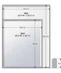 Size comparison of Ultra Slim Beveled Rectangle Slick Chrome Bathroom Wall Mirror 25 Inch By 21 Inch with dimensions overlay.