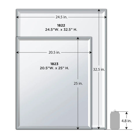Size comparison of Ultra Slim Beveled Rectangle Slick Chrome Bathroom Wall Mirror 25 Inch By 21 Inch with dimensions overlay.