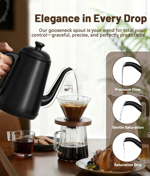 Gooseneck Electric Kettle For Epic Pour Over Coffee And Tea, 1L Stainless Steel Boiler, 1000W Fast Heat, Auto Shut Off, in use