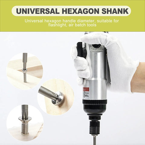 Heavy Duty Magnetic Security Star Bit Set And Top Drawer S2 Steel Screwdriver Bits For T6 To T40 Tamper Proof Torx Drivers With Quarter Inch Hex Shank Delivering No Sweat Impact Drill Fastening Power being used on a screw with a universal hexagon shank.