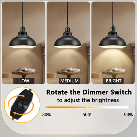Plug In Industrial Pendant Light With 12.86 Ft Cord And Dimmer Switch in low, medium, and bright settings illustration