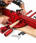 Precision Adjustable Miter Gauge For Table Saw With Solid Aluminum Fence And Smooth Ball Bearing Slide For Dead Straight Crosscuts Bullseye Miters And Router Tables in use with wood piece.