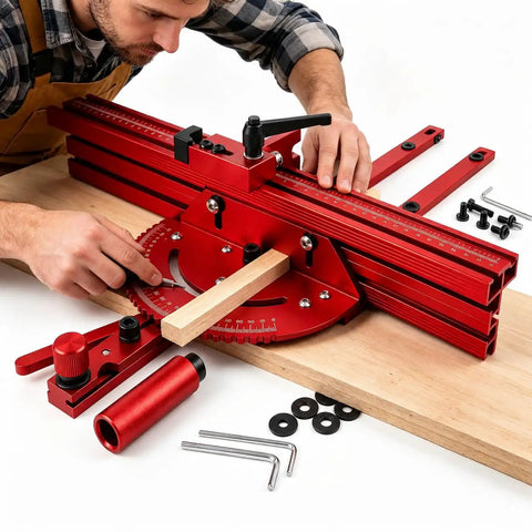 Precision Adjustable Miter Gauge For Table Saw With Solid Aluminum Fence And Smooth Ball Bearing Slide For Dead Straight Crosscuts Bullseye Miters And Router Tables in use with wood piece.