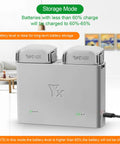 Bidirectional Charger For Mini 4 Pro And Mini 3 Pro Drones in storage mode with USB charging port, showing battery levels.