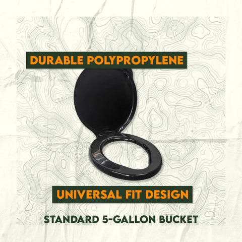 Top Rated Black Plastic Toilet Seat Lid Snaps Straight Onto Any Standard Five Gallon Bucket showing durable polypropylene design.