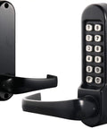 Heavy Duty Mechanical Push Button Keypad Lock With All Weather Coating, Keyless Entry, black exterior, backset 60mm latch visible