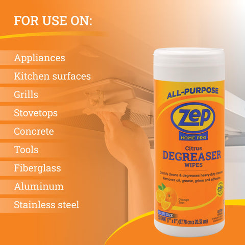 Citrus Degreaser Wipes For Heavy Duty Grease Messes No Rinse Kitchen Cleaner Degreaser Wipes 50 Count shown with usage list