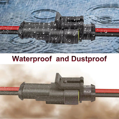 2 Pin Waterproof Electrical Connector Set For 16 AWG Wires IP65 shown in wet and dusty conditions.