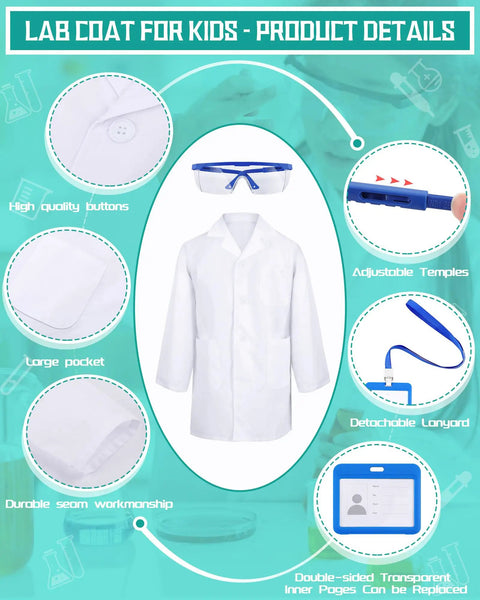 Six Set Of White Kids Lab Coats With Goggles And ID Card Holders, 18 Piece Doctor Scientist Dress Up Kit For Boys And Girls