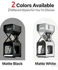 Premium Electric Ice Drip Coffee Maker With Glass Carafe And Led Touchscreen For Smooth Cold Brew At Home, shown in matte black and matte white.