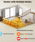 Diagram showing Compact Ceramic Desk Heater warming a 200 sq ft room with 750W and 1500W dual power settings.