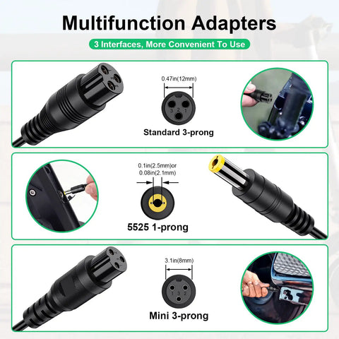 3 In 1 Replacement Charger 42V 2A Power Adapter With 3 Claw Connectors For 8mm 12mm Female Ports 5.5 By 2.5mm Universal 2.1mm Compatible With Jetson Razor Swagtron Gotrax Segway Swagway Scooters And E Bikes