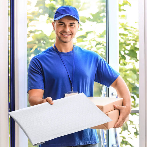 Delivery person holding 10.5x16 Inch Bubble Mailers 25 Pack Self Seal Padded Envelopes Waterproof Shipping Bags for Mailing