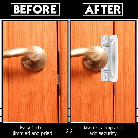 Comparison of door security before and after installation of Heavy Hitter Stainless Steel Door Strike Guards Sleek Silver Two Pack.