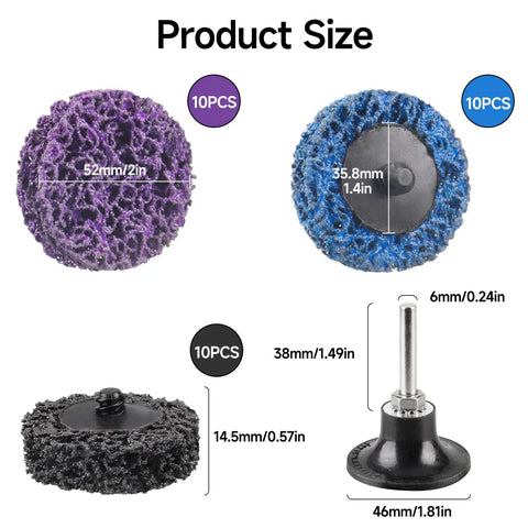 Product size of 2 Inch Diamond Sanding Discs Set With Pro Grade Quick Change Roll Lock Holder For Die Grinder Surface Prep 31 Pc Mix Purple Blue Black Includes Quarter Inch Shank For Rust Paint Removal Burr Finish, showing individual disc dimensions and shank size.