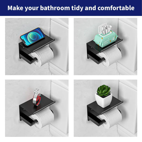 Matte Black Toilet Paper Holder With Shelf Fits Mega Rolls Self Adhesive Wall Mount Rustproof Stainless Steel for bathrooms