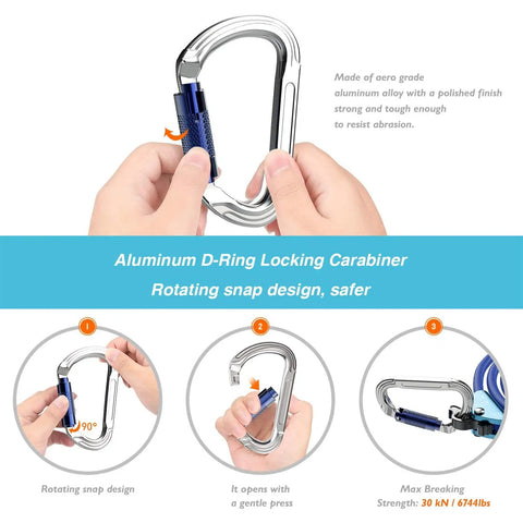 Aluminum D-Ring Carabiner for Half Inch Steel Core Tree Climbing Kit With Eight Foot Flip Line, shown with rotating snap design.