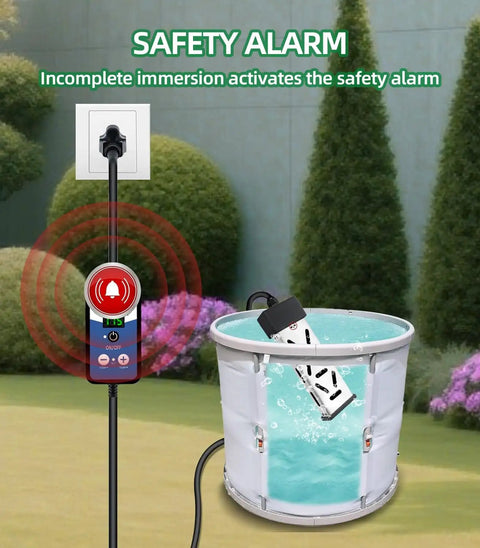 1800W Immersion Water Heater With Thermostat in a bucket with safety alarm and real-time temperature display in use