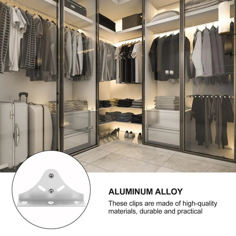 Heavy Duty Aluminum Alloy Shelf Brackets With Adjustable Mounting Clips shown in a modern closet setting for floating shelves