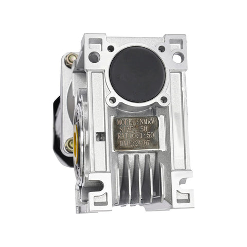 NMRV worm gear reducer motor, size 50, 1:50 ratio, aluminum housing with black end cap