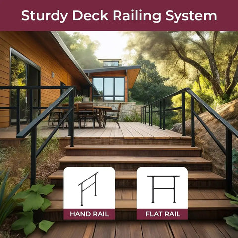 Horizontal Metal Deck Railing For Flat Surfaces, 4 ft wide black straight handrail, 36 in tall, shown on wooden deck steps