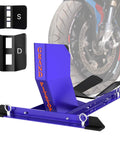 Universal Motorcycle Wheel Chock For Stand And Trailer, completely adjustable, detachable and foldable, fits 16 to 21 inch wheels, blue