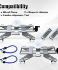 Two Pack Universal Magnetic Wheel Alignment Tool And Pro Grade Camber Gauge For 11 To 25 Inch Rims, includes clamps and adapters.