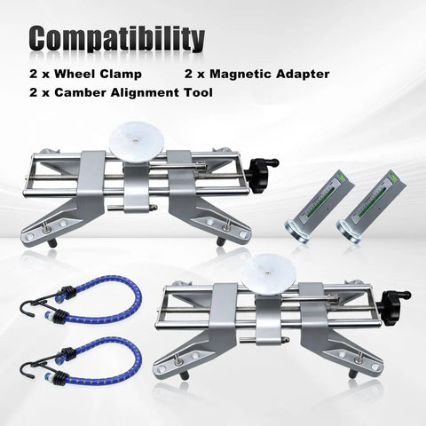 Two Pack Universal Magnetic Wheel Alignment Tool And Pro Grade Camber Gauge For 11 To 25 Inch Rims, includes clamps and adapters.