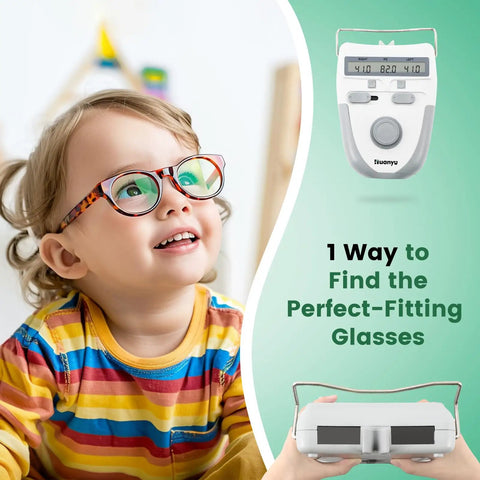Child wearing glasses, Pro Grade Digital PD PH LD Meter With Memory Function LCD Display for optical pupilometer visible