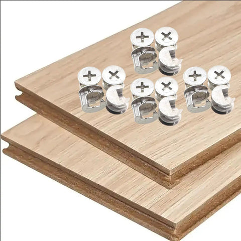 Heavy Duty Zinc Alloy Furniture Cam Locks 50 Pack Cam Bolt Nut Connectors on wood panels for cabinet assembly.